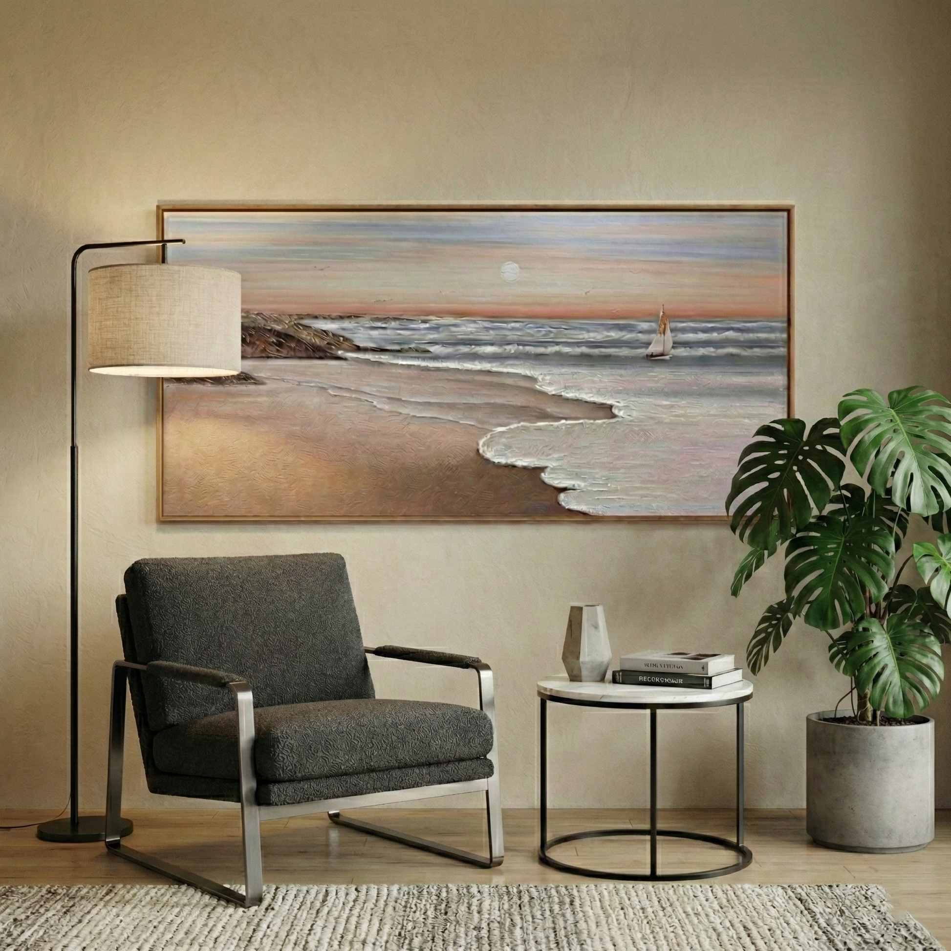 Eventide Flux coastal wall art in a lounge reading corner