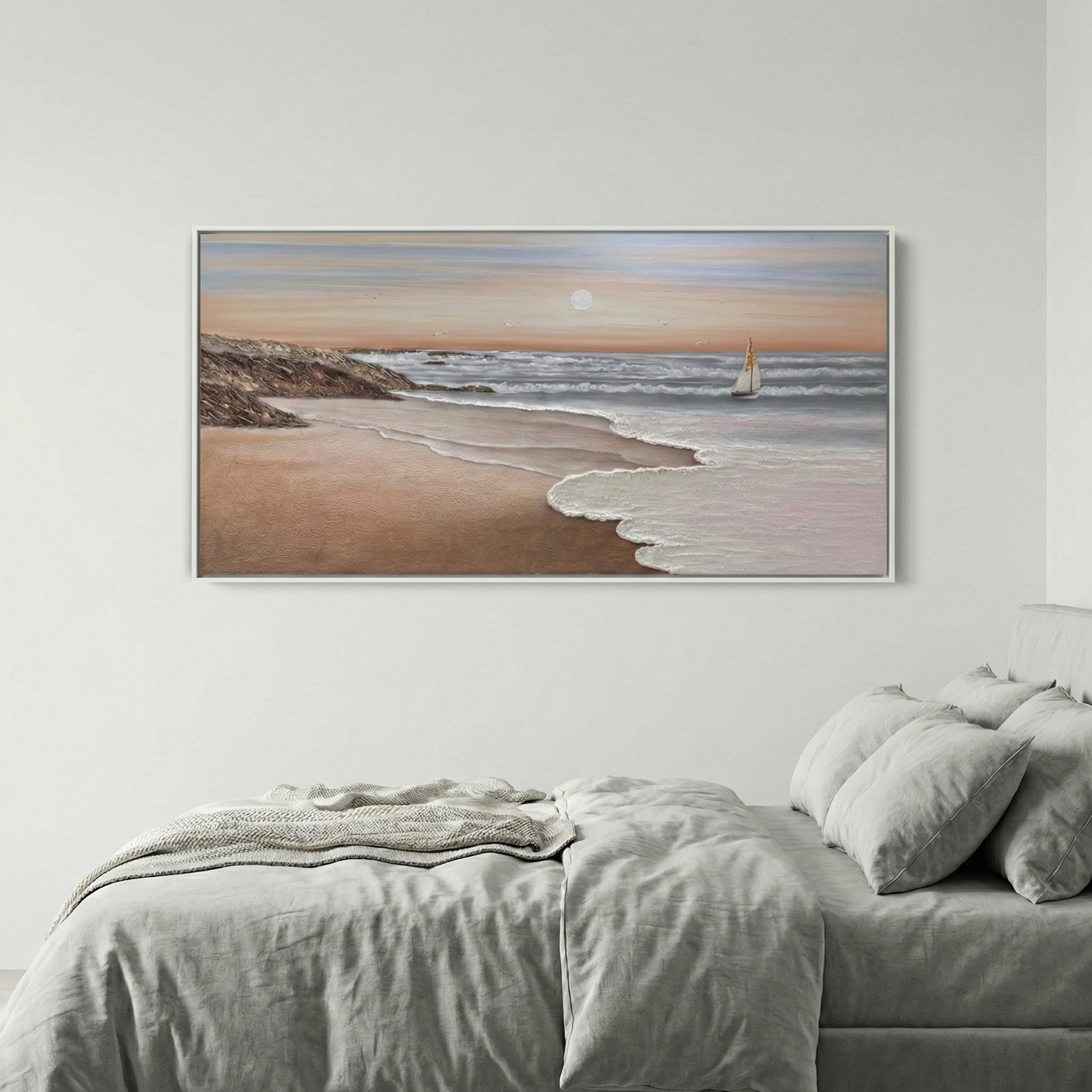 Eventide Flux panoramic coastal art above a light bedroom