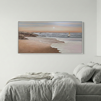Eventide Flux panoramic coastal art above a light bedroom