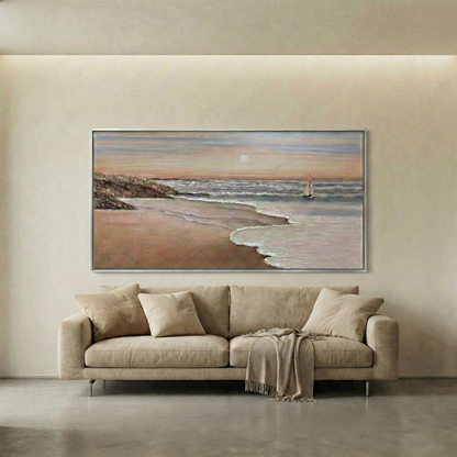 Eventide Flux displayed above a neutral sofa in a minimal entryway