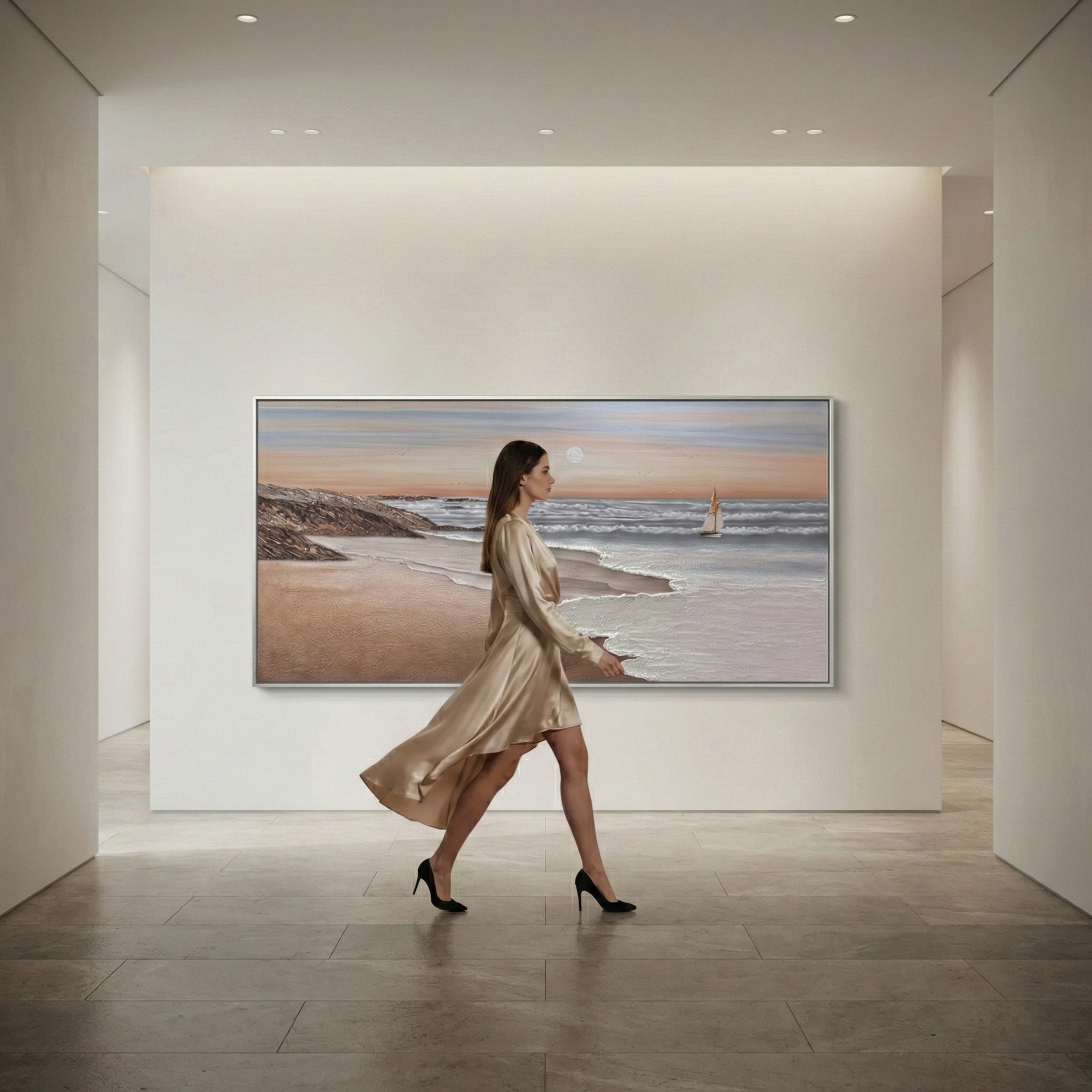 Eventide Flux coastal artwork in a bright gallery-style hallway