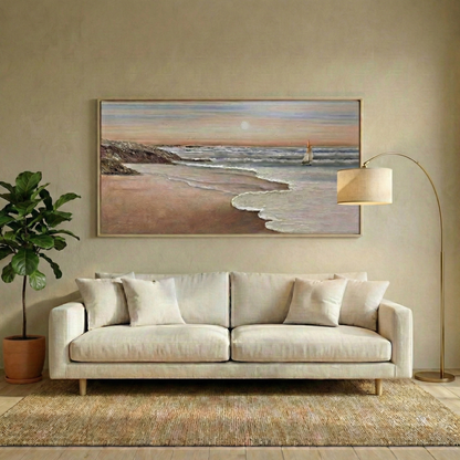 Eventide Flux above a cream sofa in a warm living room