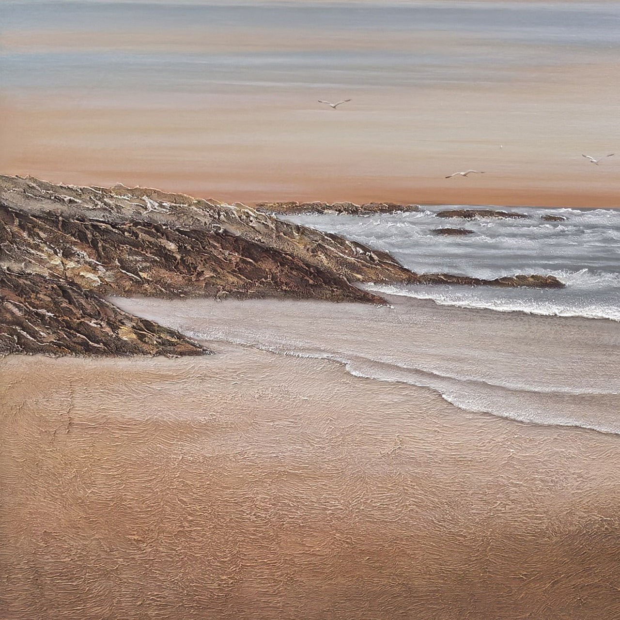 Close view of Eventide Flux rocky headland and textured sand