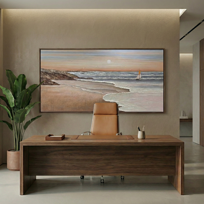 Eventide Flux panoramic seascape above a modern office desk