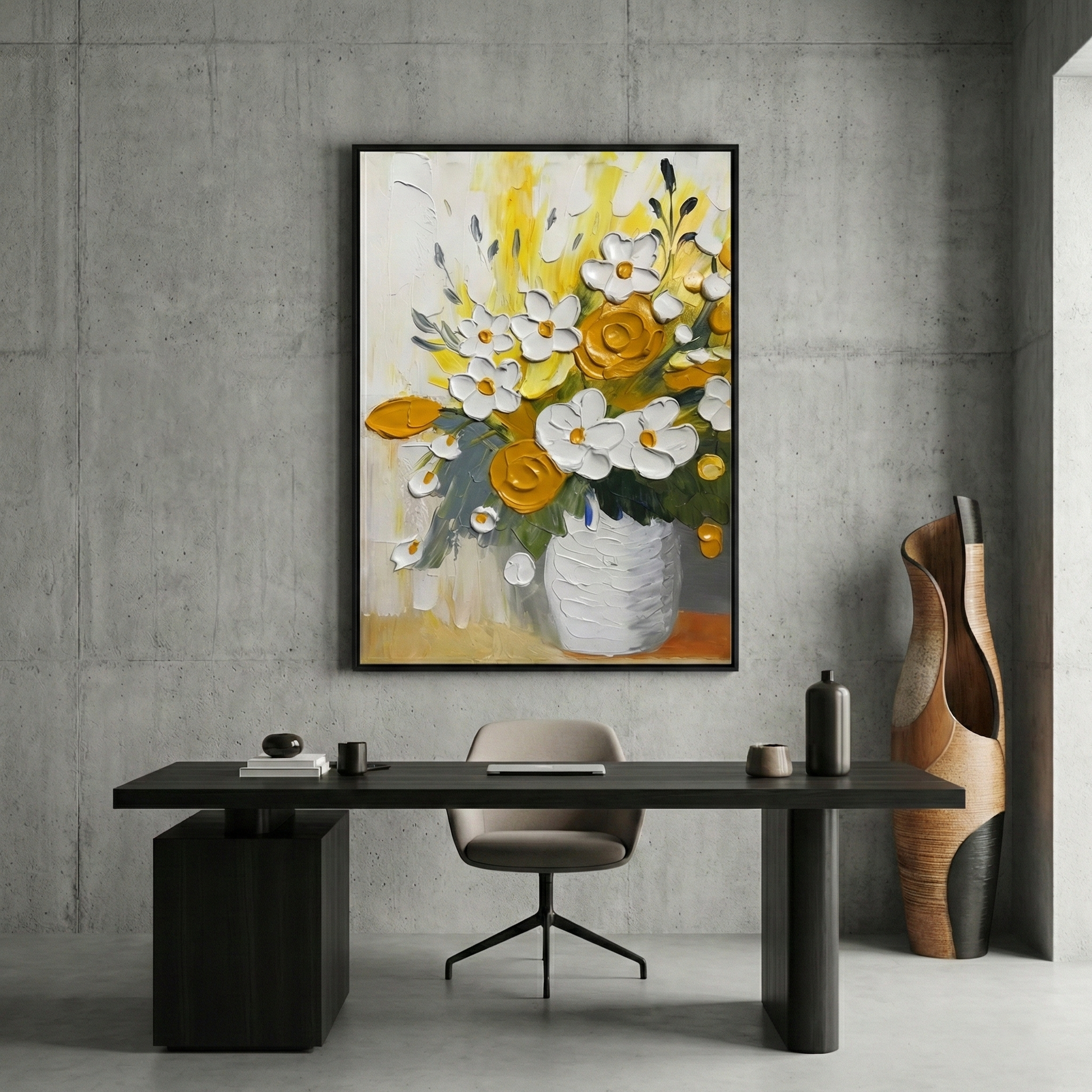 Solaris Impasto vertical floral artwork in a modern office