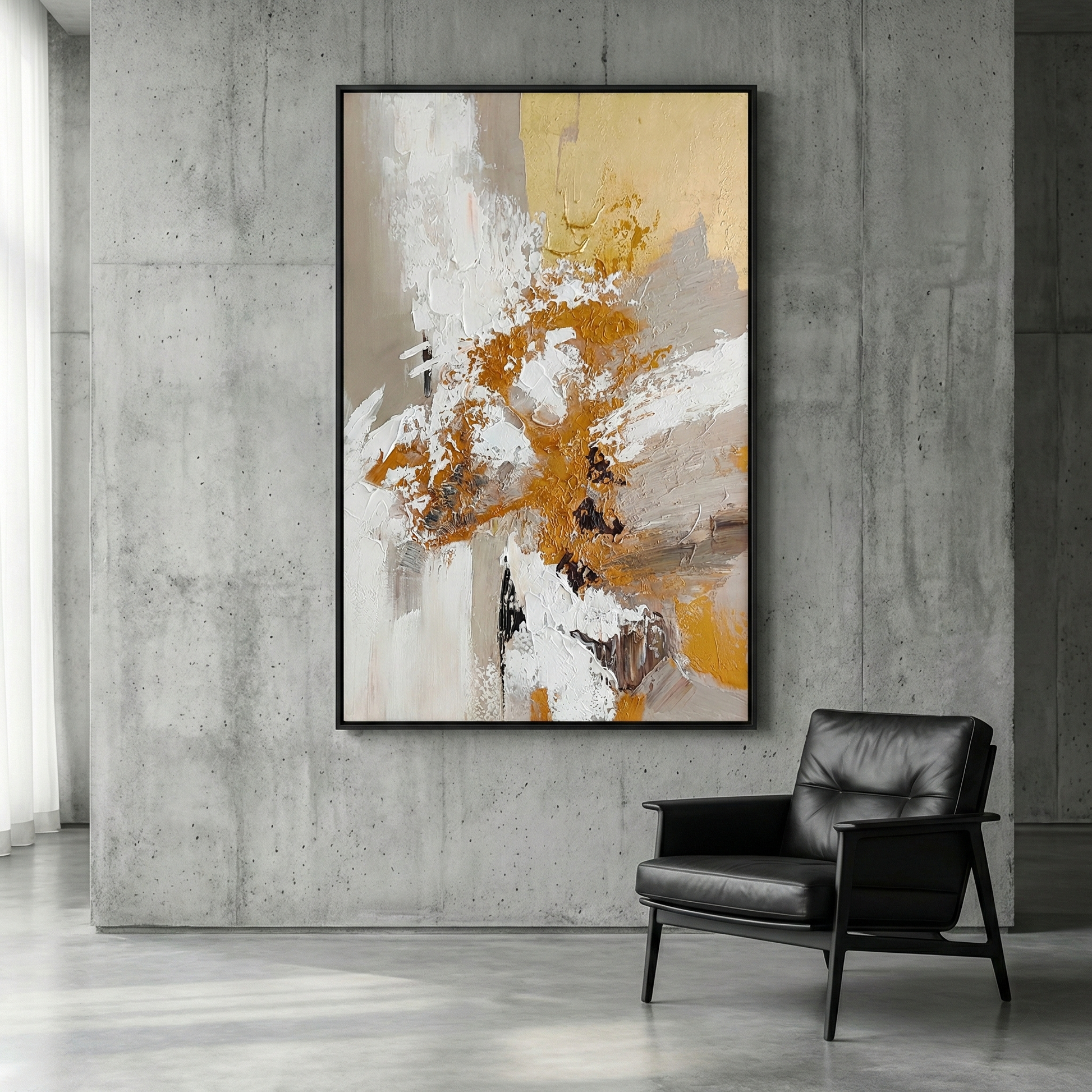 Aeterna ochre abstract wall art in a concrete modern interior