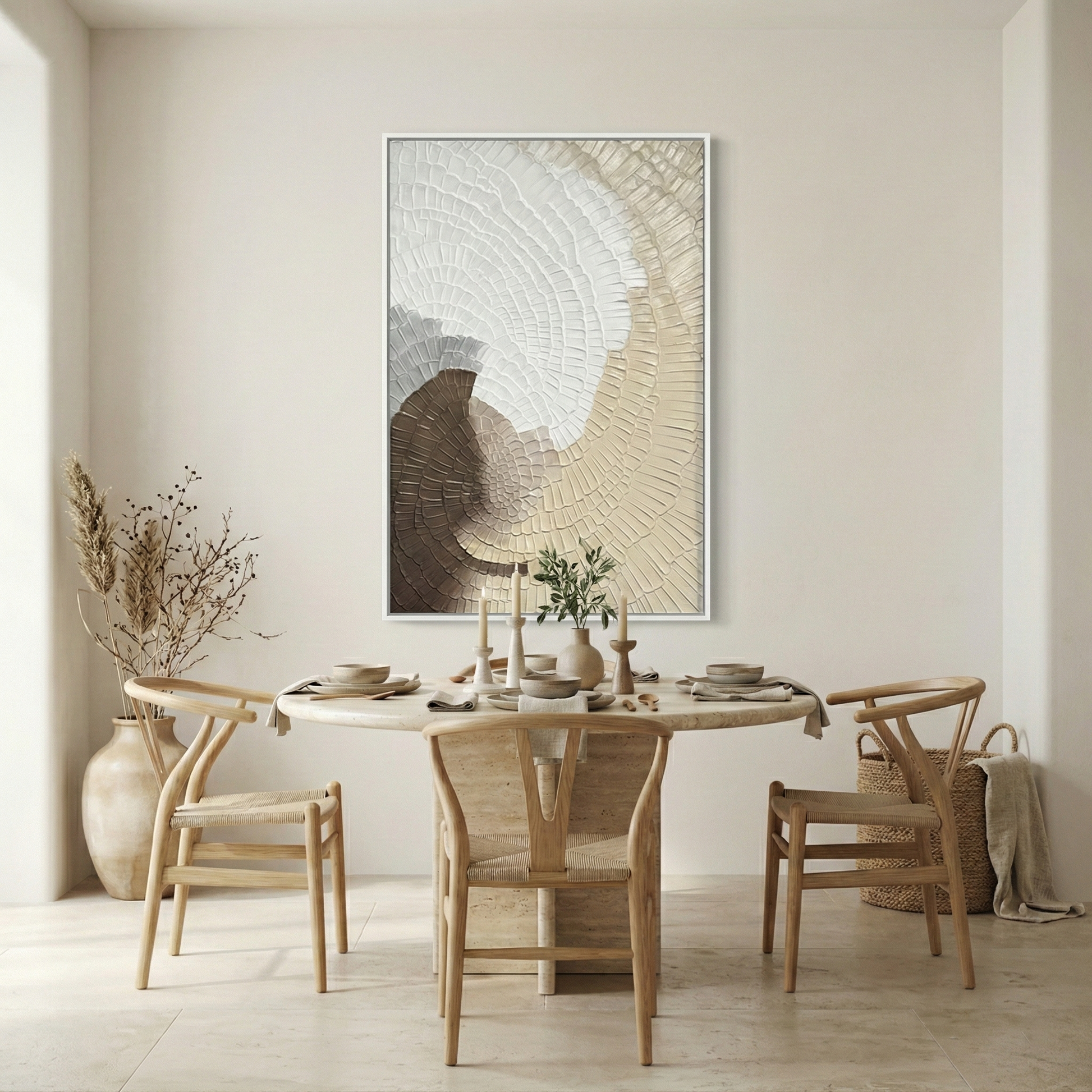 Kanso Flux above a light wood dining table in a neutral room
