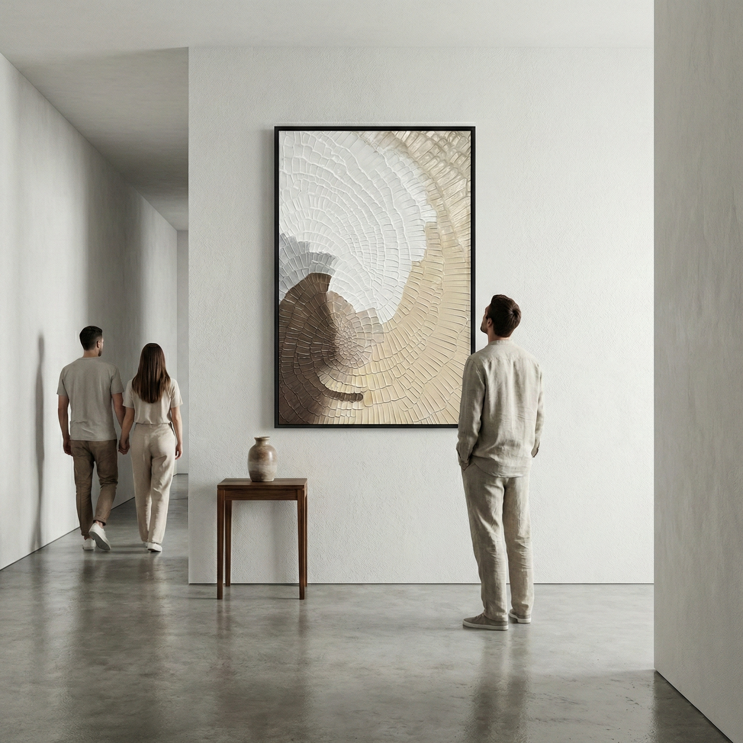 Kanso Flux large neutral relief artwork in a gallery hallway