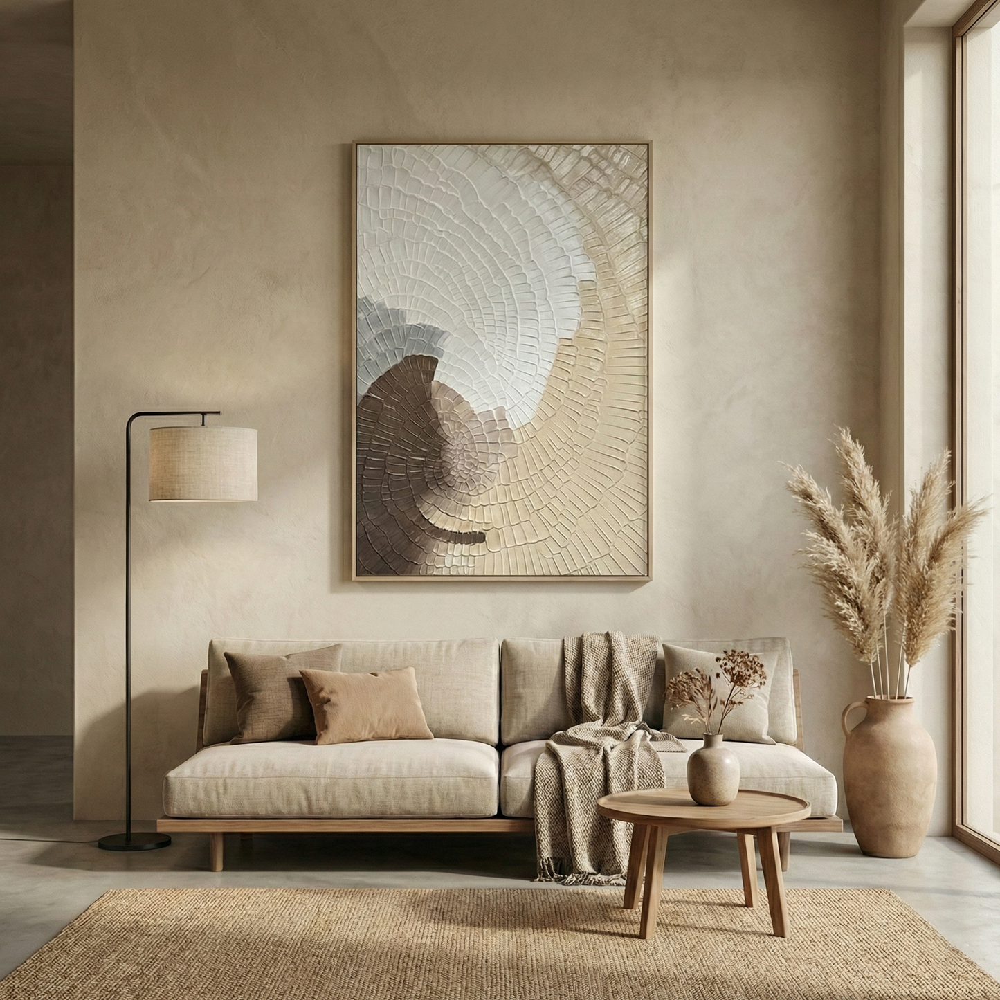 Kanso Flux above a cream sofa in a warm neutral living room