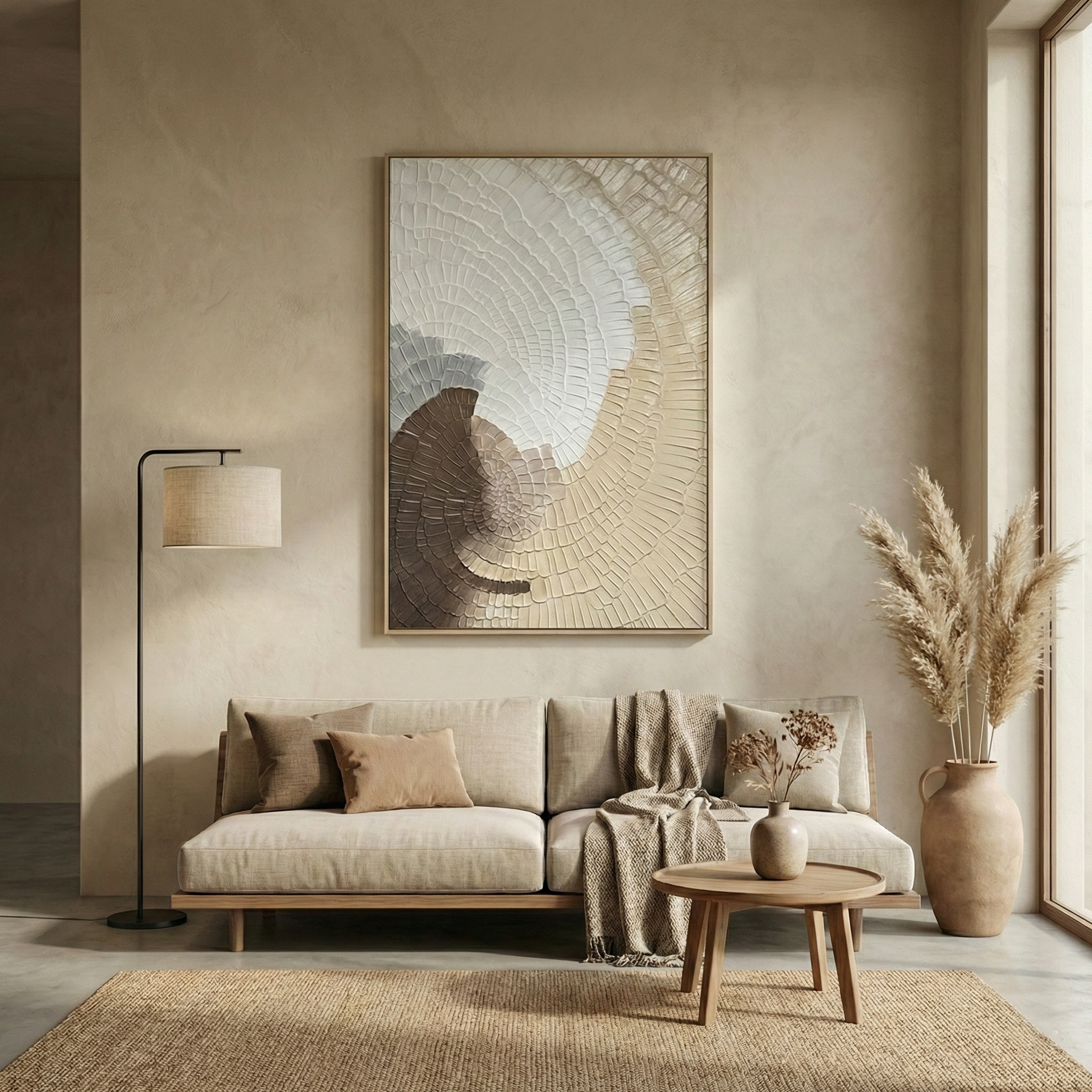 Kanso Flux above a cream sofa in a warm neutral living room