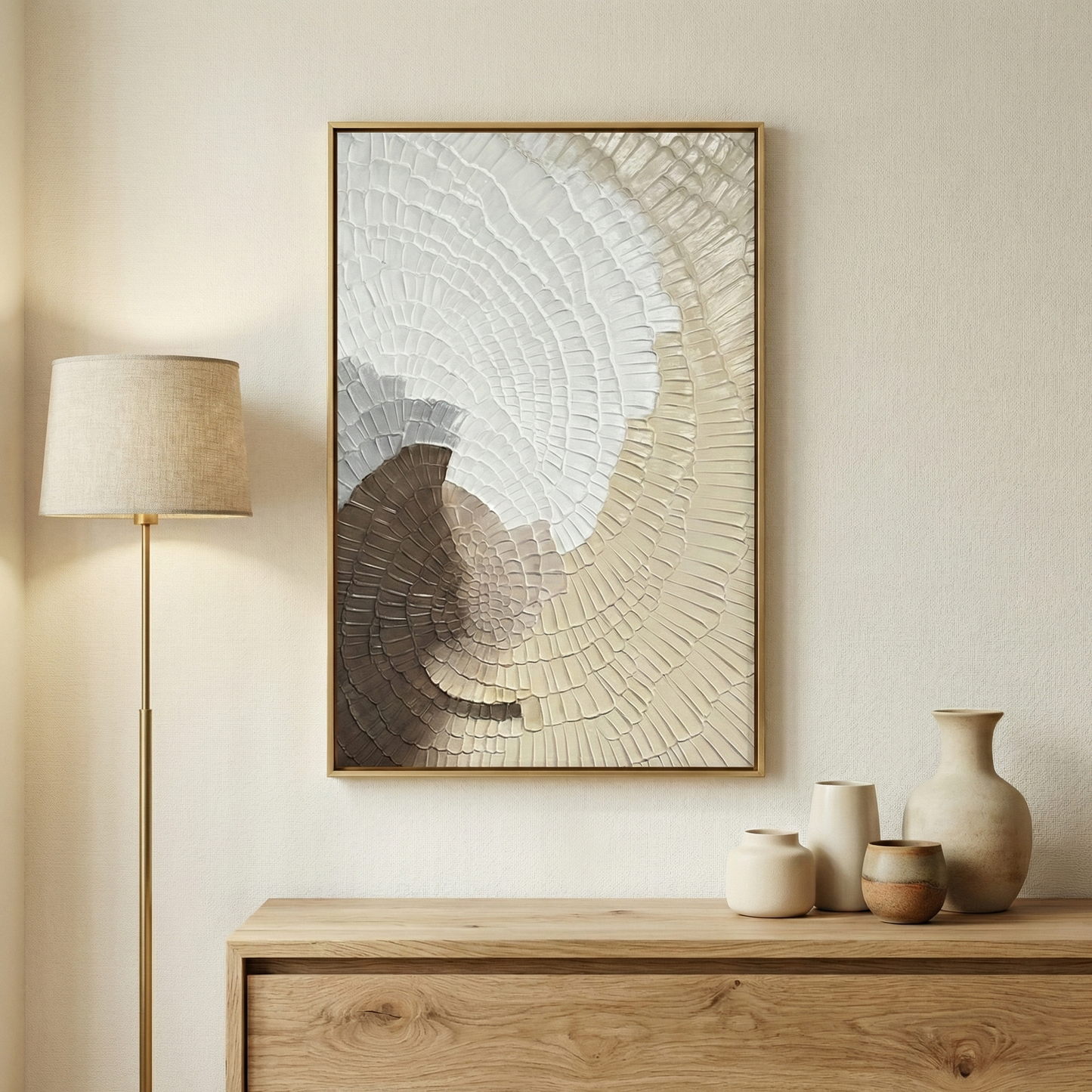 Kanso Flux above a light wood cabinet with neutral ceramic objects