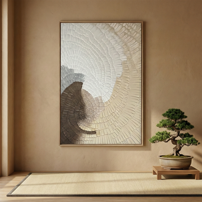 Kanso Flux in a warm minimal room beside a bonsai tree
