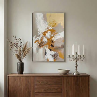 Aeterna large vertical abstract wall art above a walnut dining cabinet