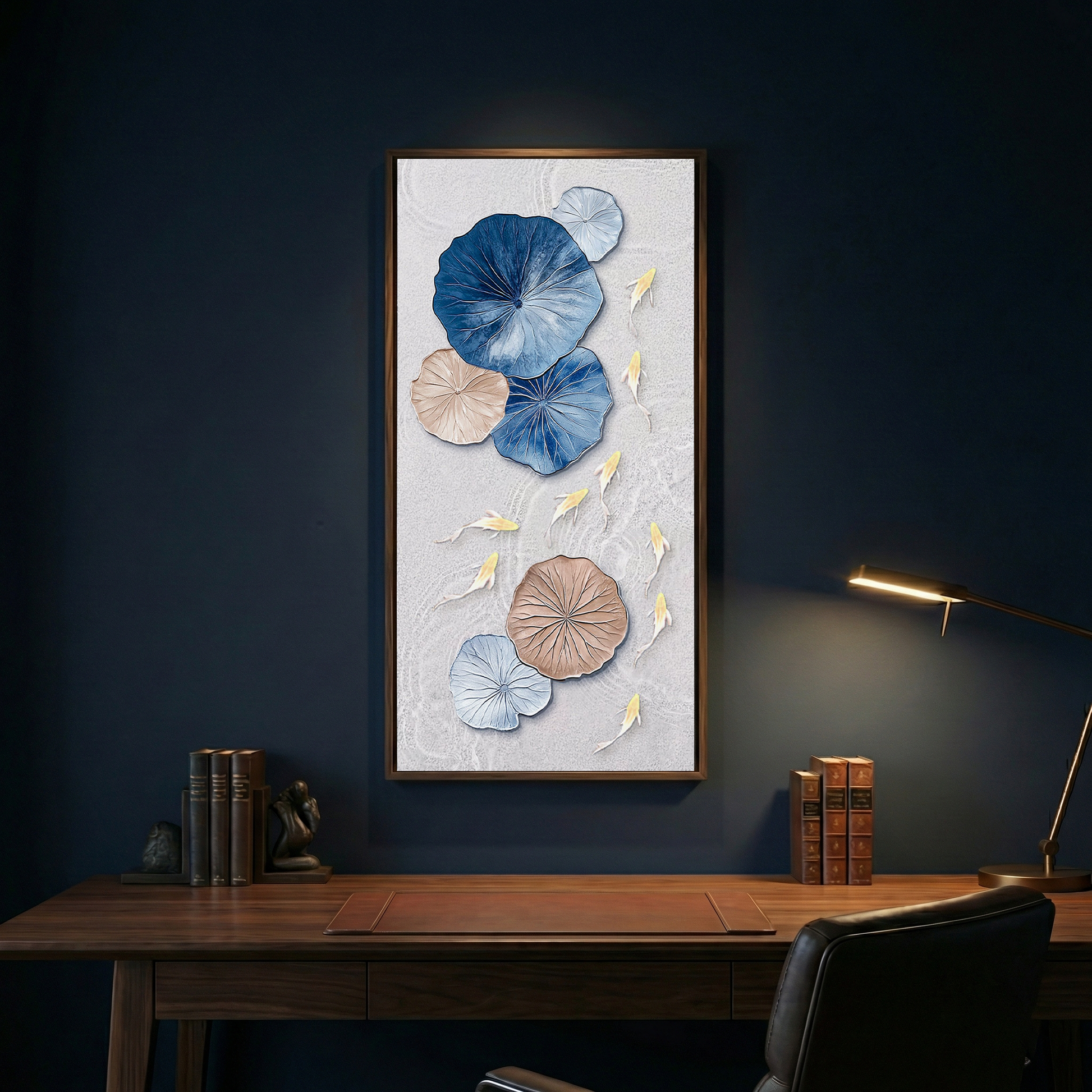 Lotus Drift vertical artwork above a dark wood office desk