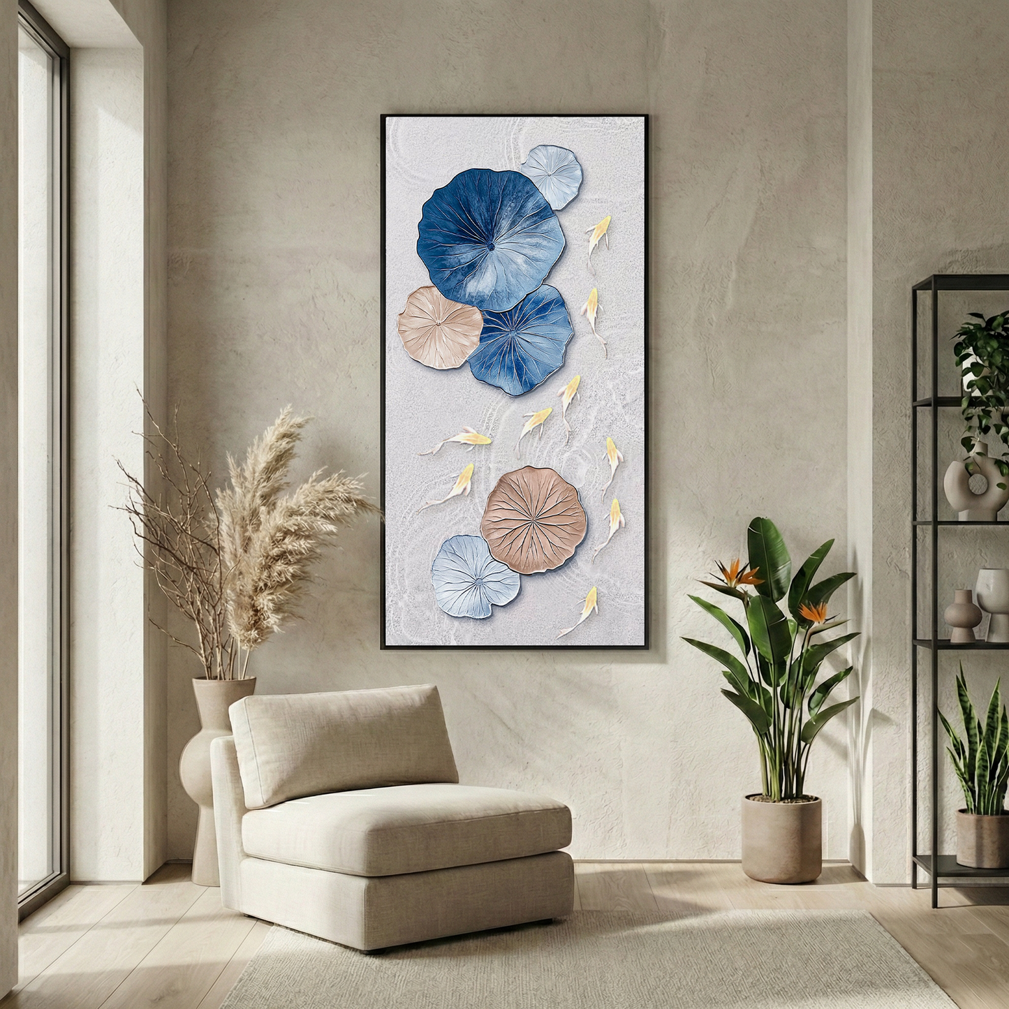 Lotus Drift beside a cream lounge chair in a neutral living space