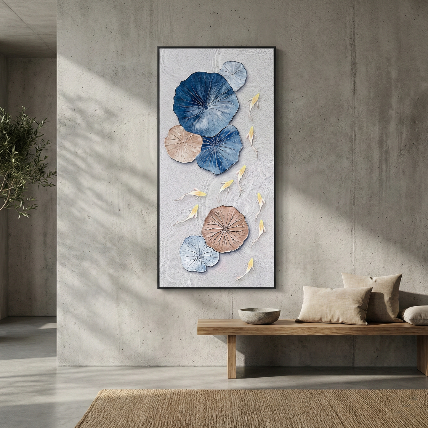 Lotus Drift on a concrete wall above a low wood bench