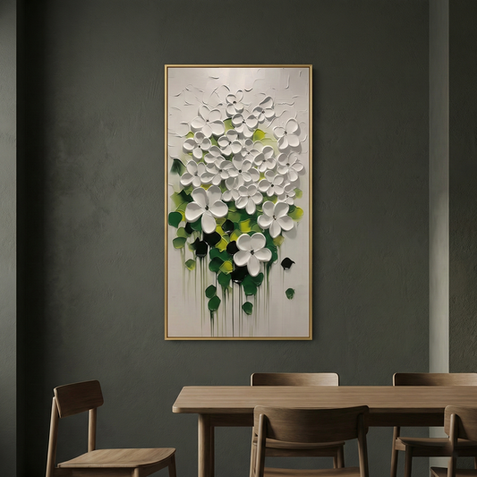 Lumina Sculpted Flora on a dark wall above a wood dining table