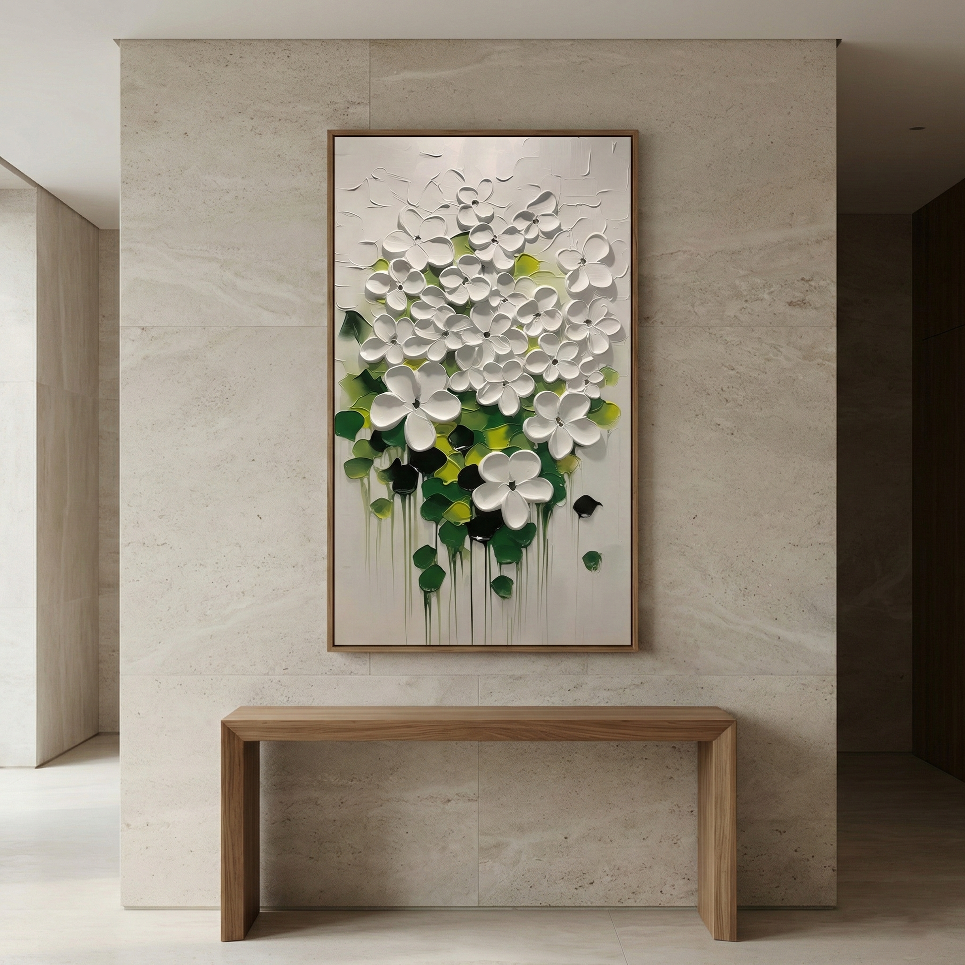 Lumina Sculpted Flora above a wood bench in a pale stone entryway
