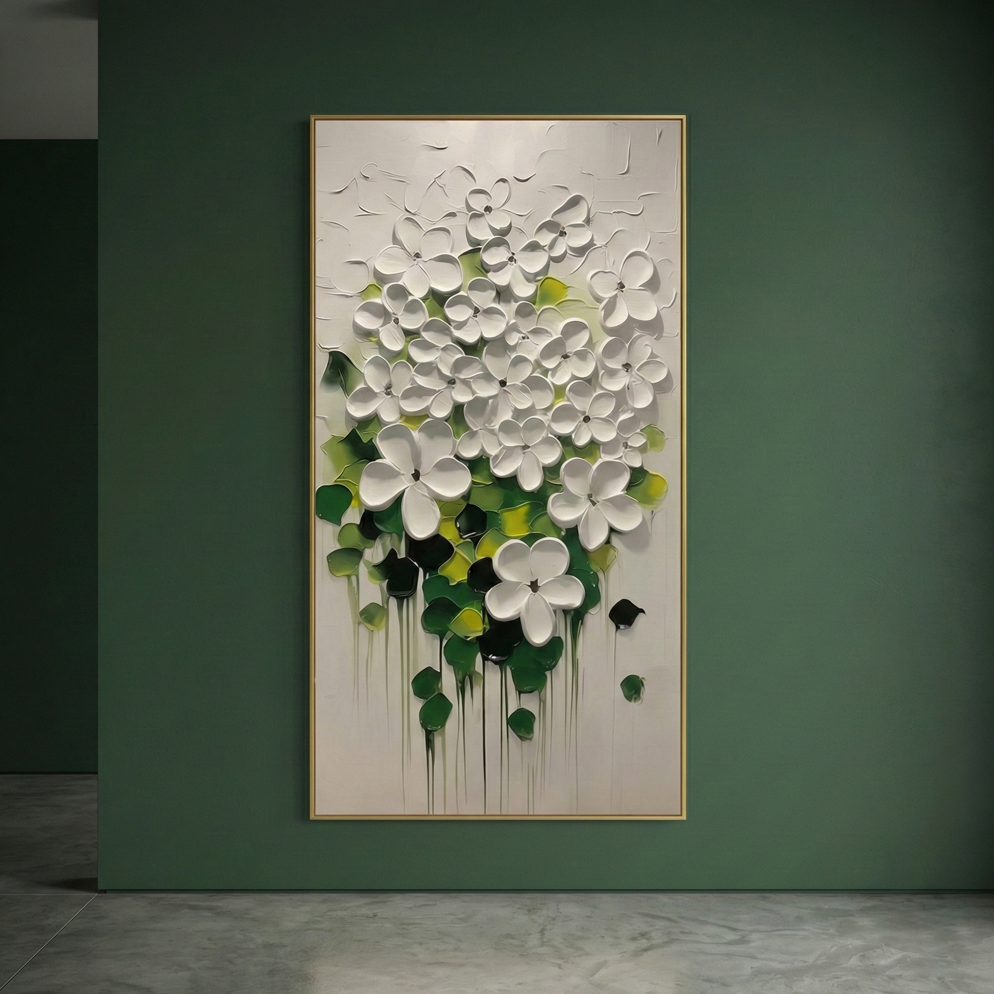 Lumina Sculpted Flora white flowers against a deep green wall