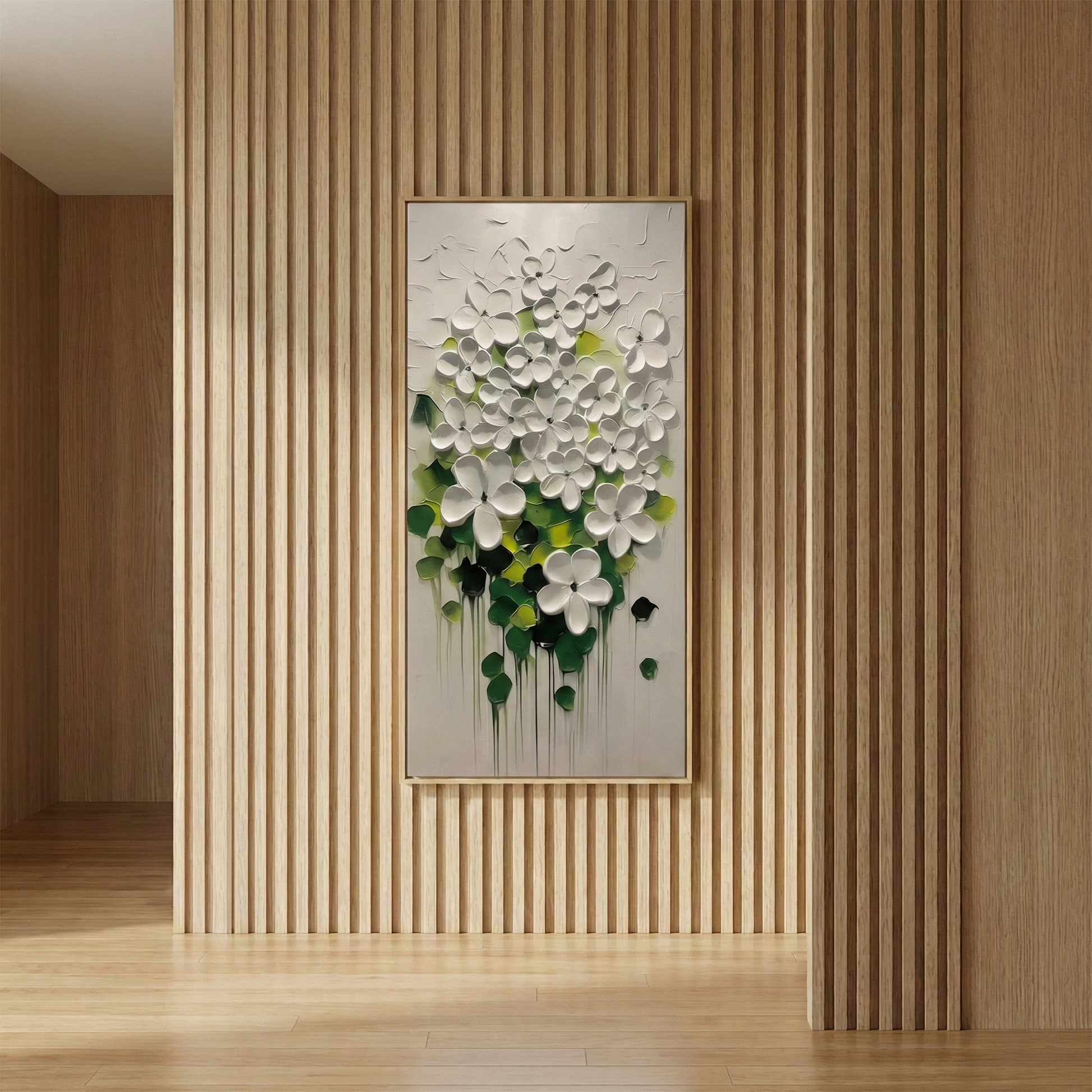 Lumina Sculpted Flora on a vertical wood slat hallway wall