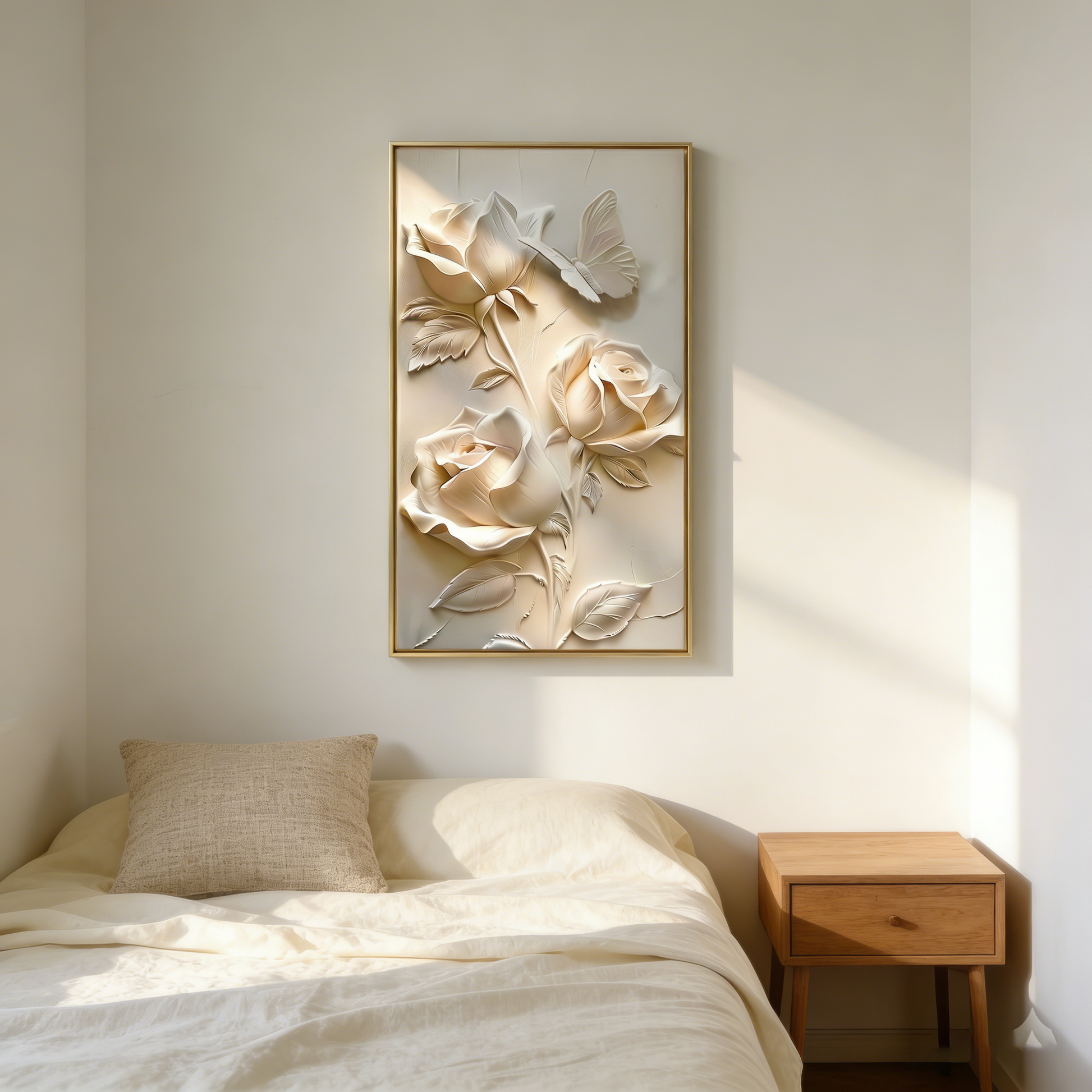 Luminous Petal above a small cream bed in a bright bedroom