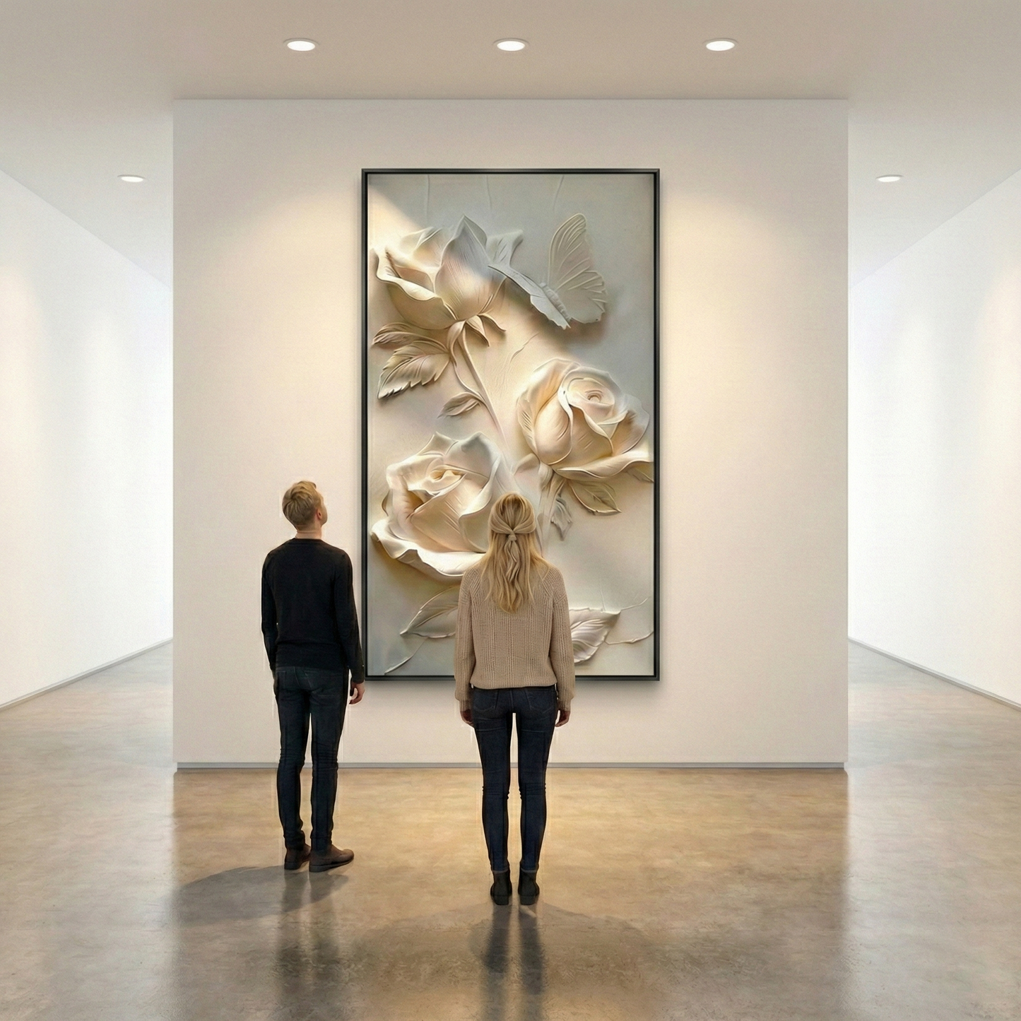 Luminous Petal large rose relief in a gallery hallway