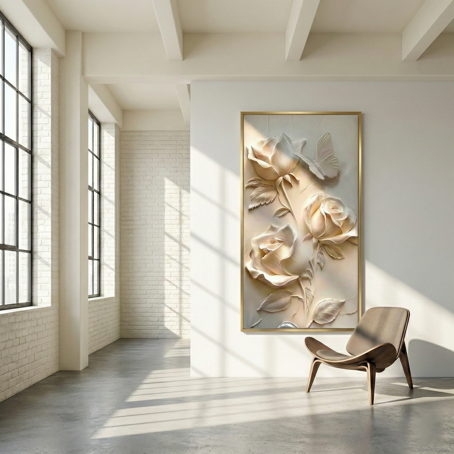 Luminous Petal rose relief in a sunlit loft with a wood lounge chair