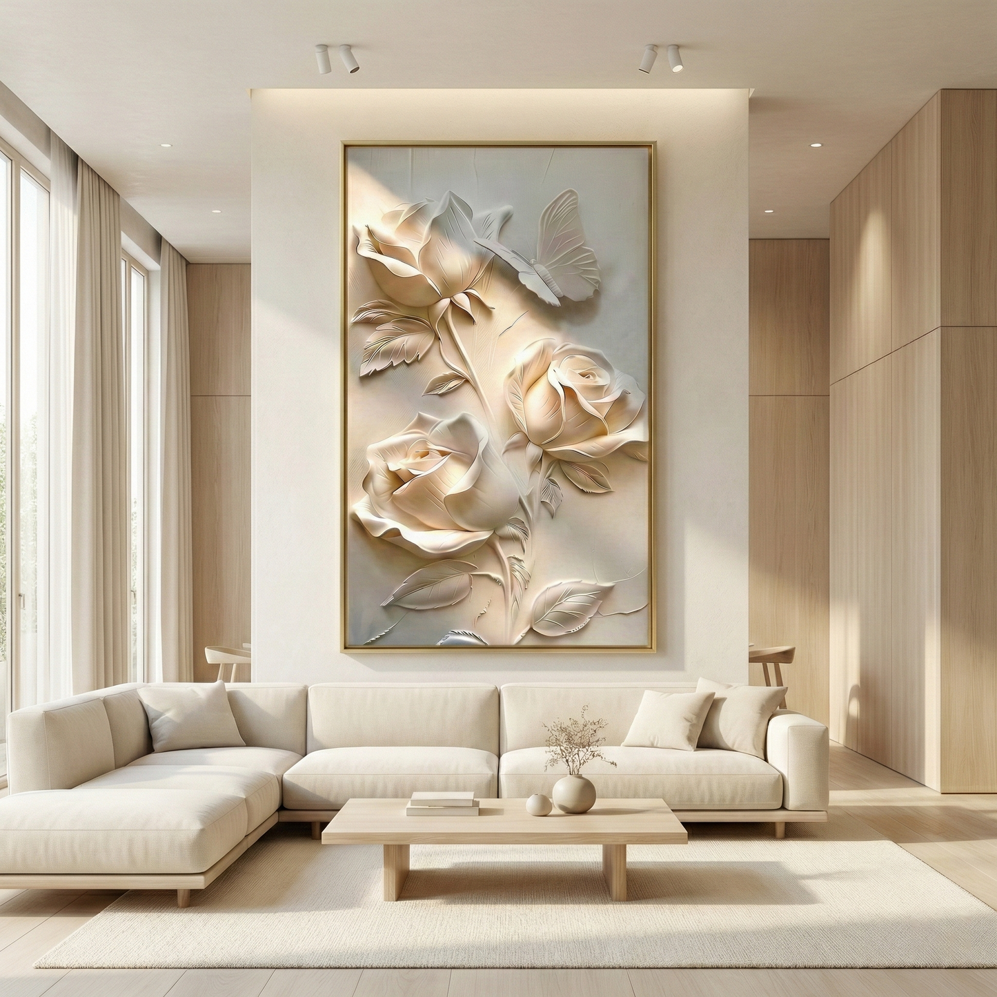 Luminous Petal large floral relief in a bright wood-paneled lounge