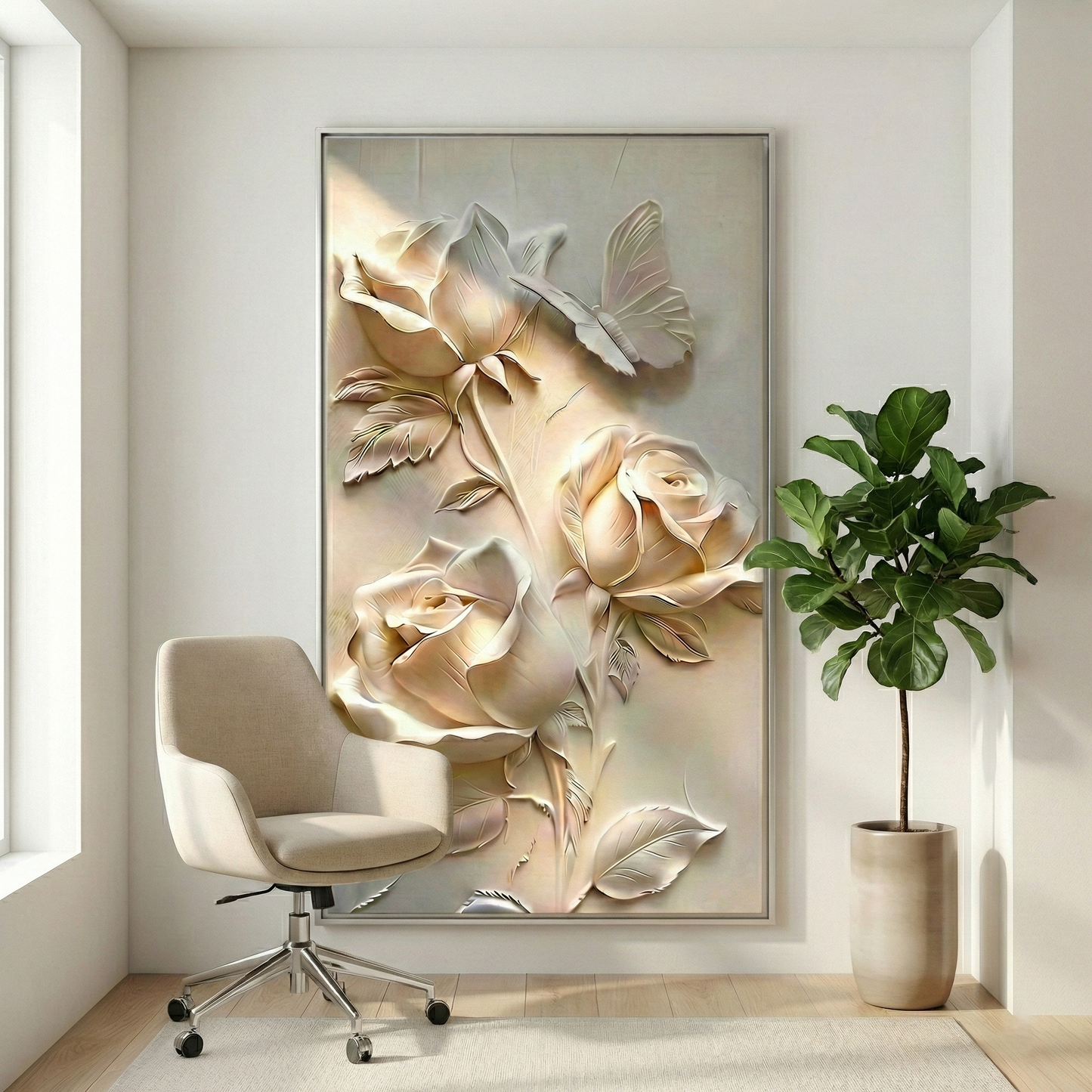 Luminous Petal rose and butterfly art in a light home office