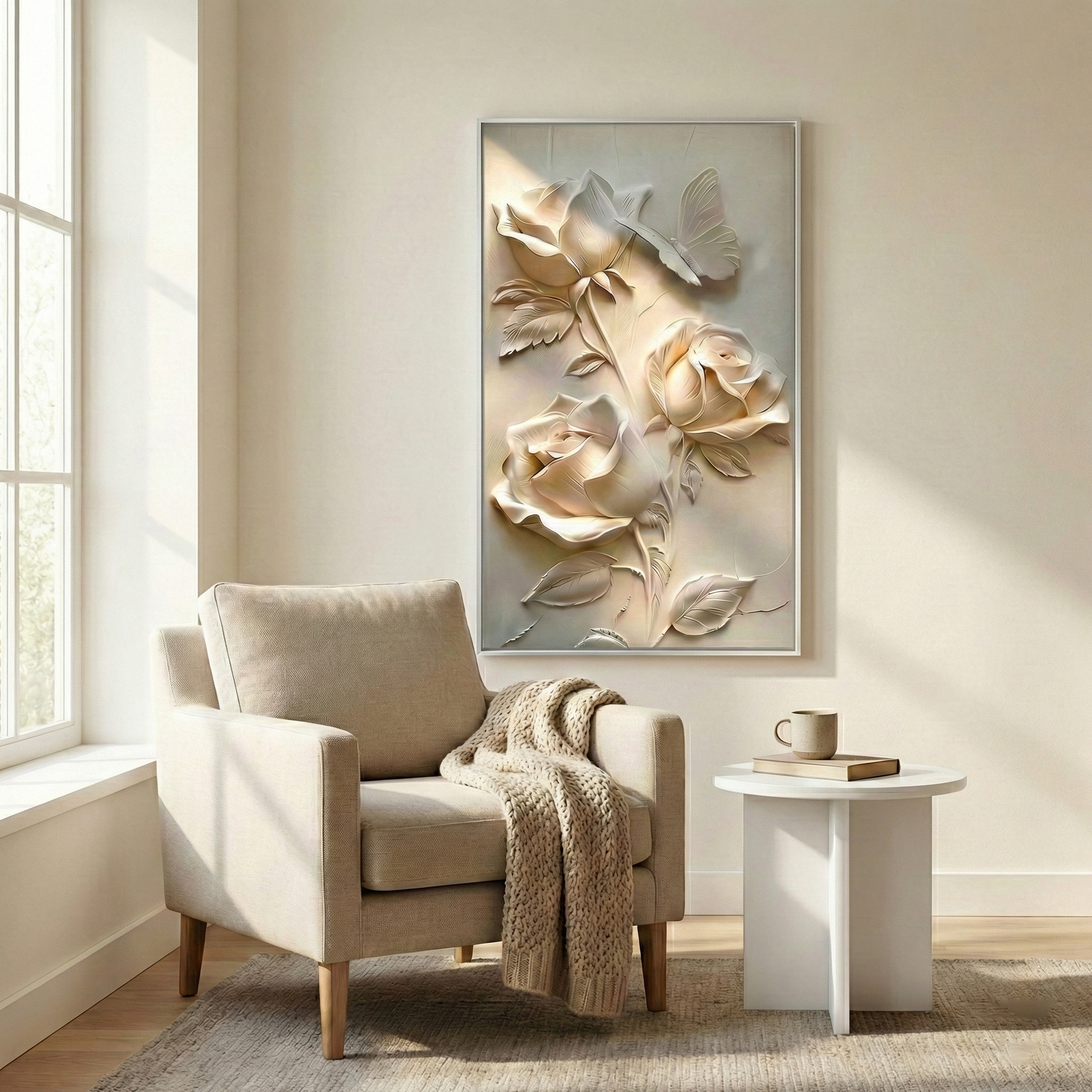 Luminous Petal above a neutral reading chair by a window