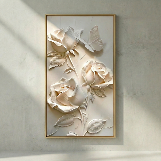 Luminous Petal ivory rose and butterfly relief wall art