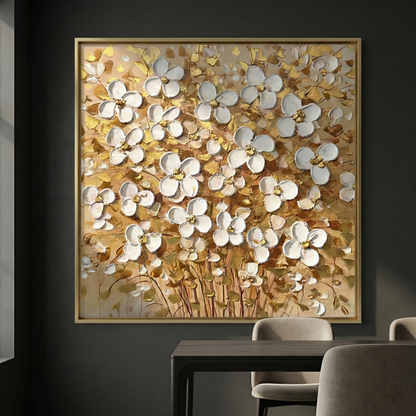 Aurum Botanica gold-toned floral art in a dark dining room