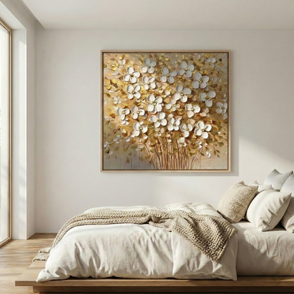 Aurum Botanica floral artwork above a neutral Japandi bedroom