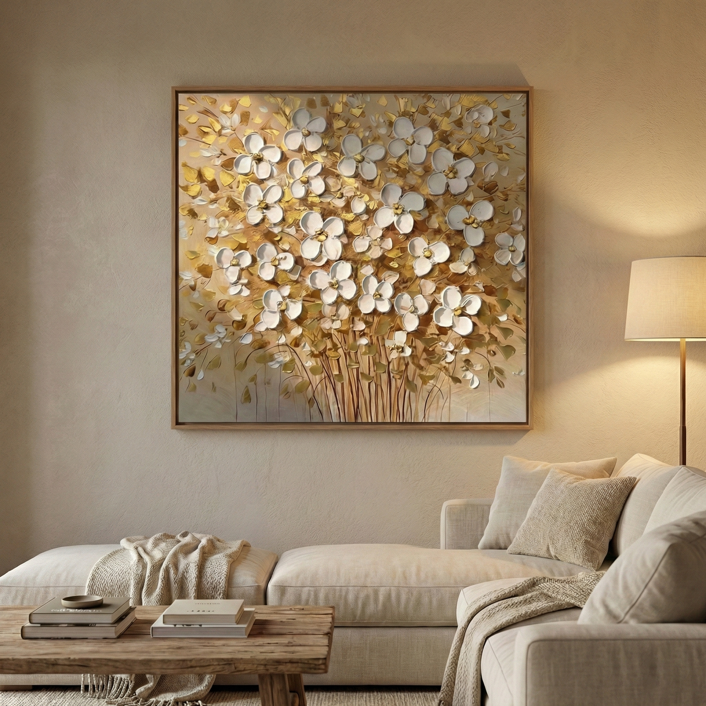 Aurum Botanica floral wall art in a warm evening lounge