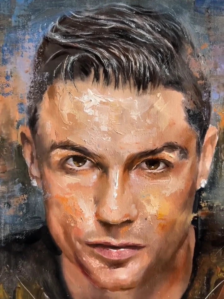 A close-up of a textured painted portrait of Cristiano Ronaldo