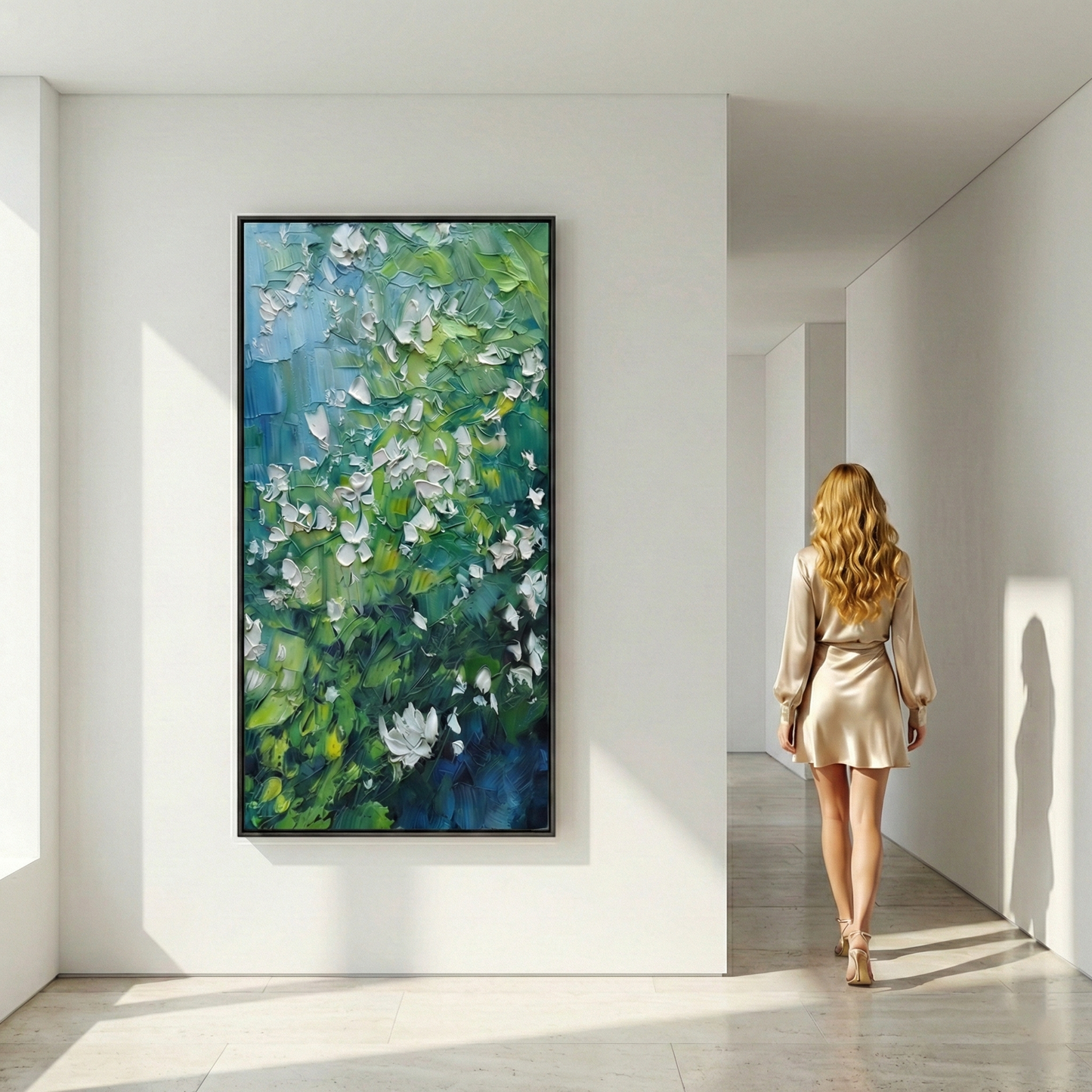 Aethelgard Verdant large vertical green wall art in a bright hallway