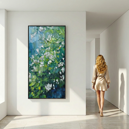 Aethelgard Verdant large vertical green wall art in a bright hallway