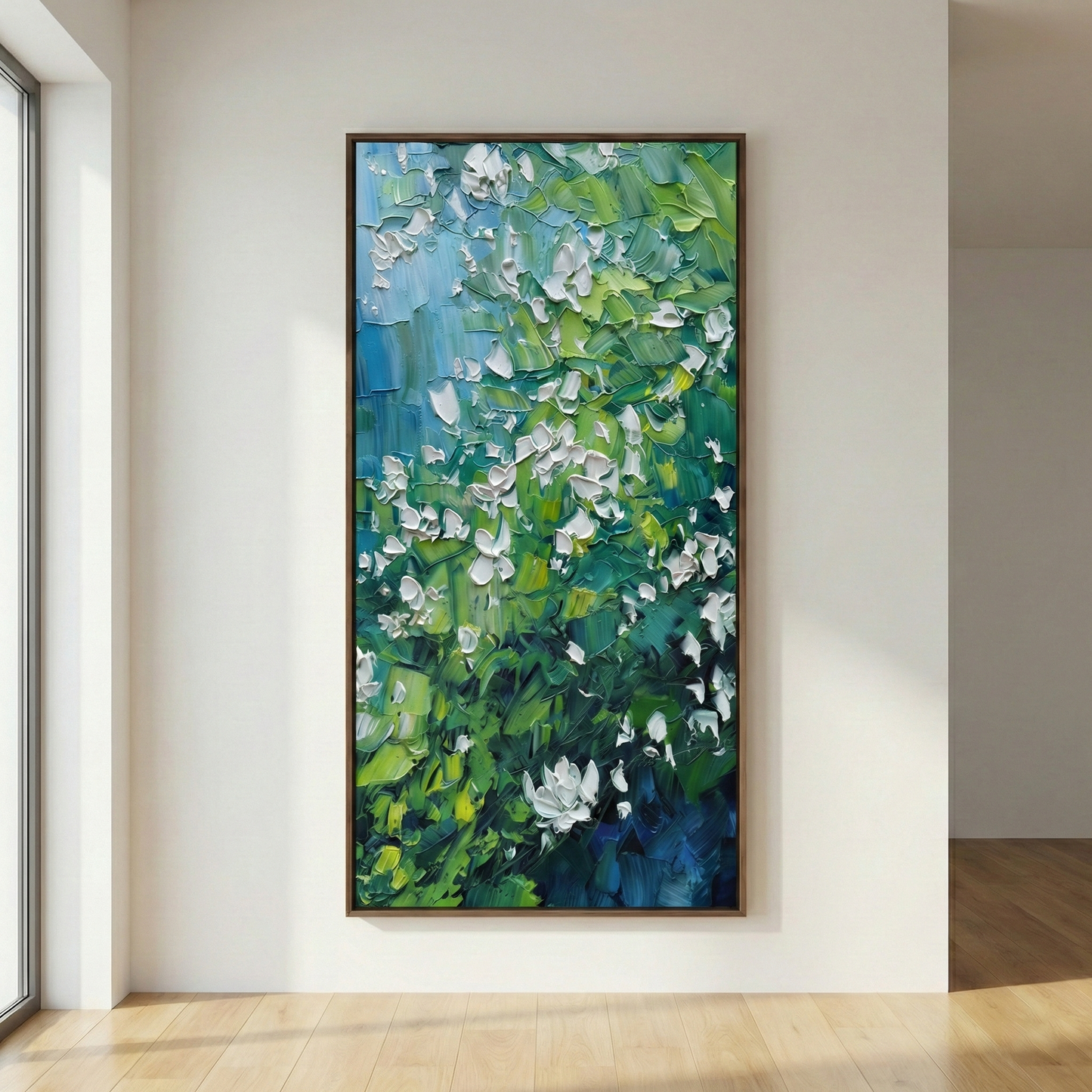Aethelgard Verdant green impasto wall art in a light wood interior
