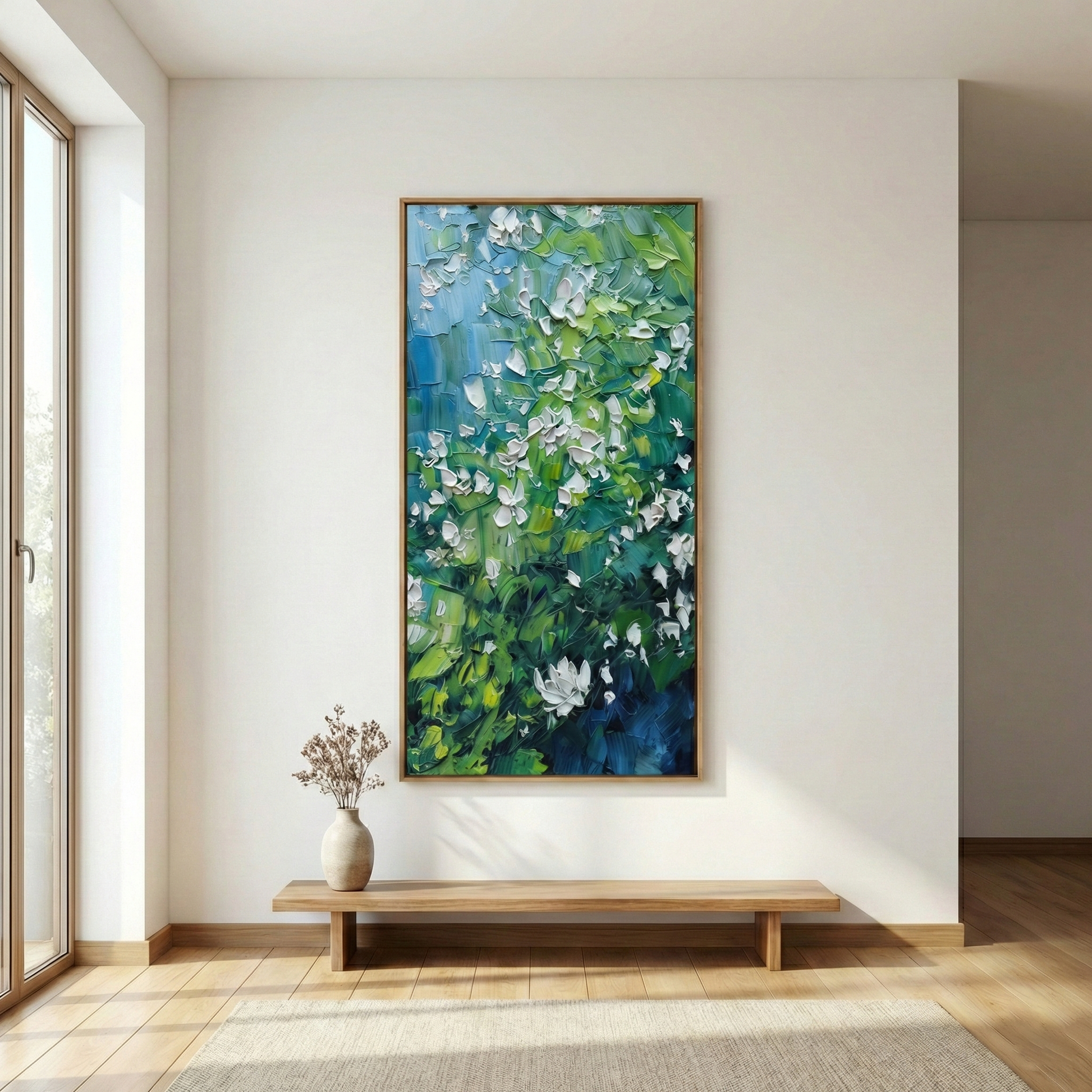 Aethelgard Verdant tall garden wall art in a white minimalist interior