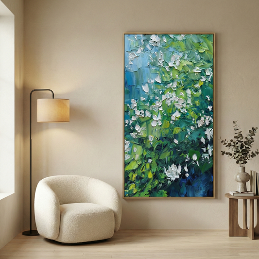 Aethelgard Verdant tall green textured wall art beside a cream lounge chair