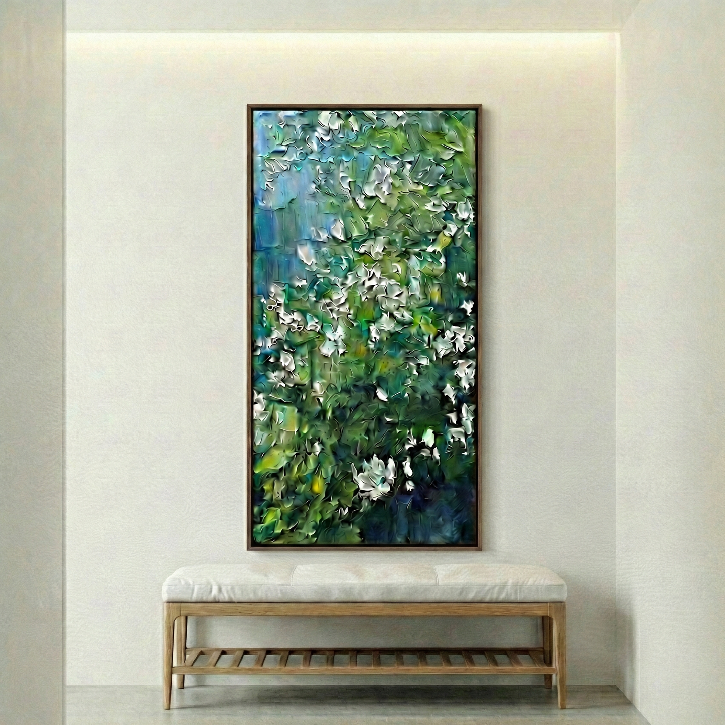 Aethelgard Verdant botanical textured wall art above an entryway bench