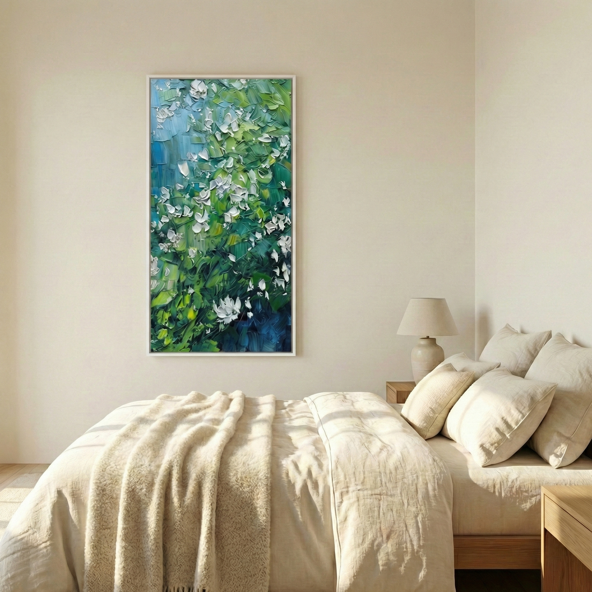 Aethelgard Verdant green and blue impasto wall art in a neutral bedroom