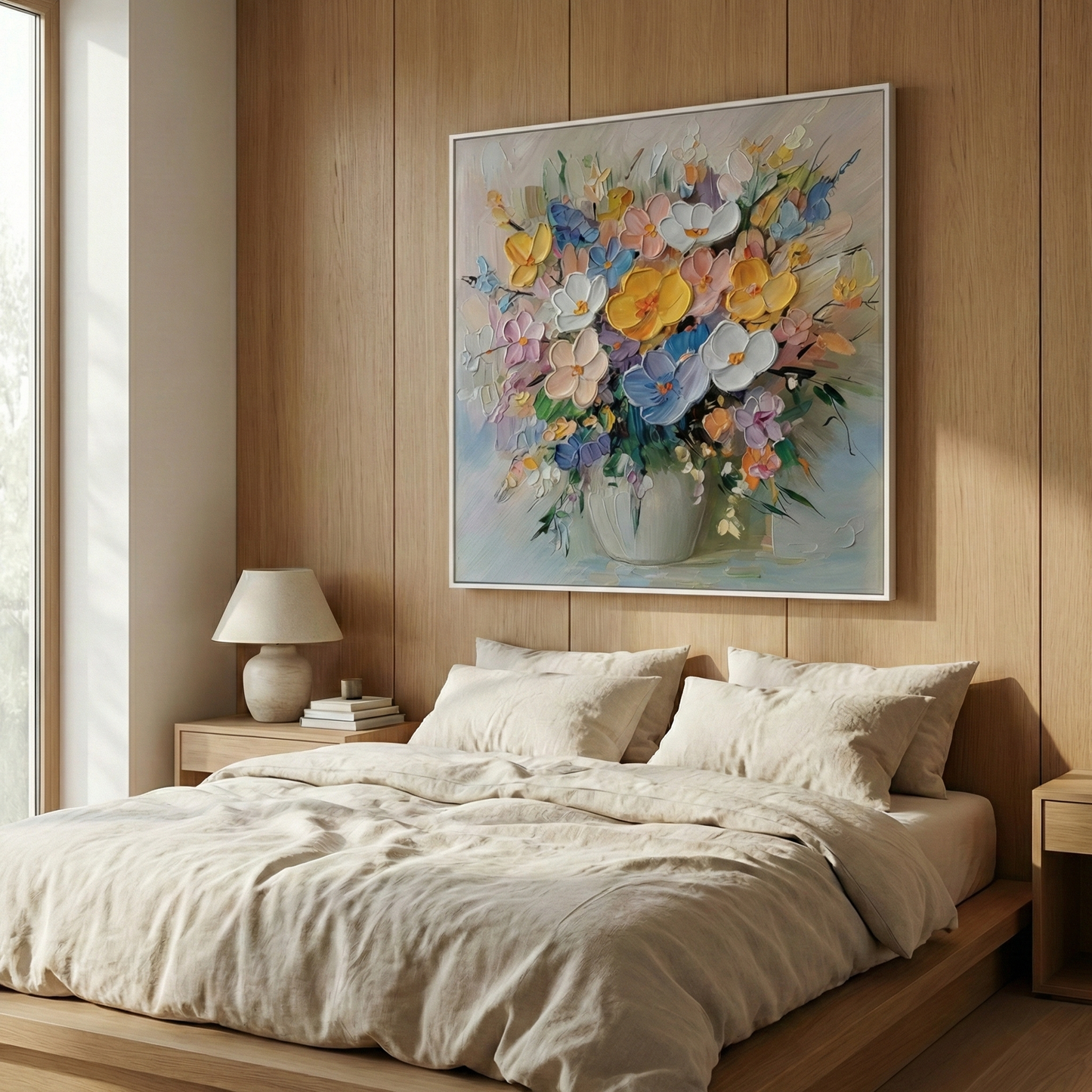 Aurelia Impasto Bloom pastel flower wall art in a warm wood bedroom