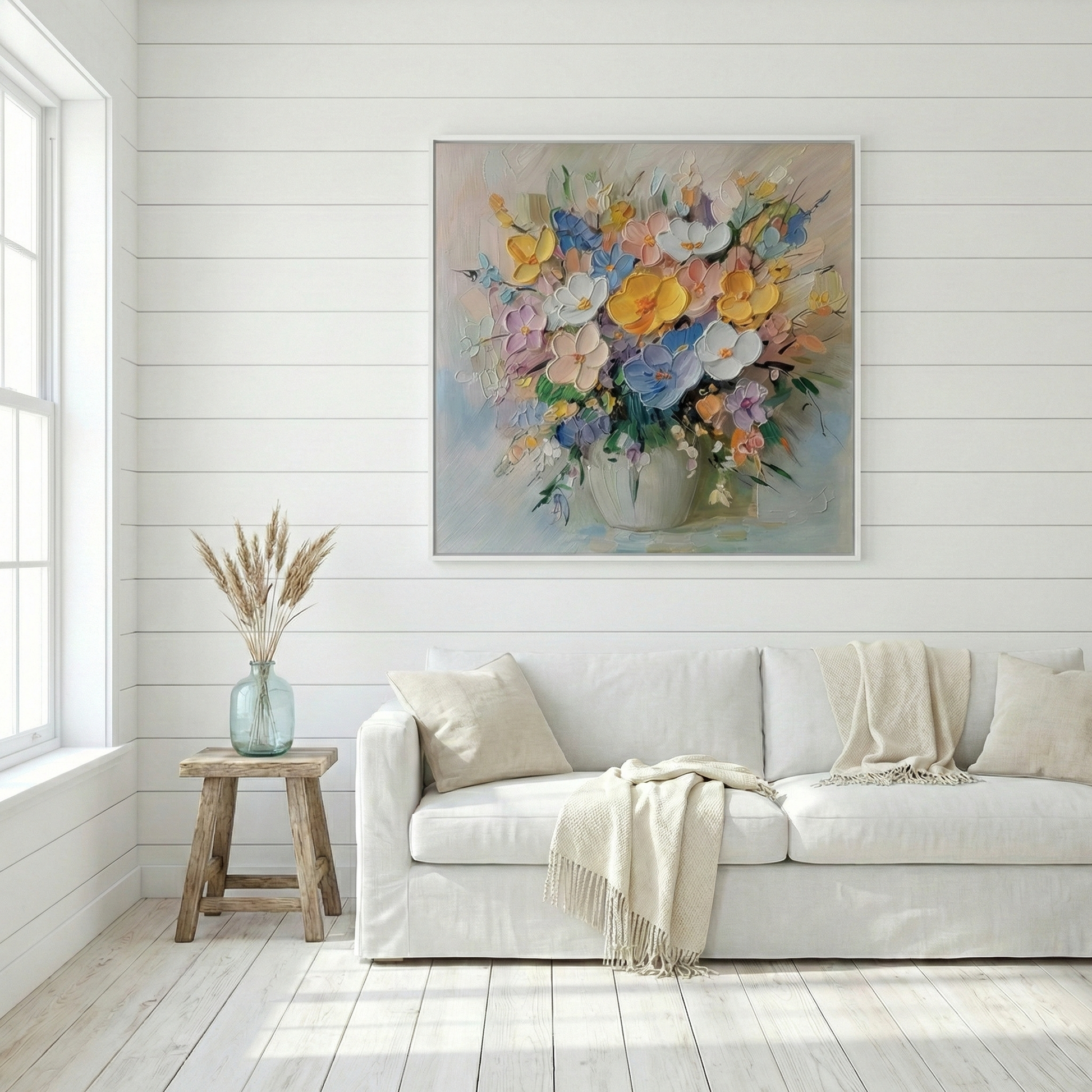 Aurelia Impasto Bloom pastel flower wall art above a white sofa