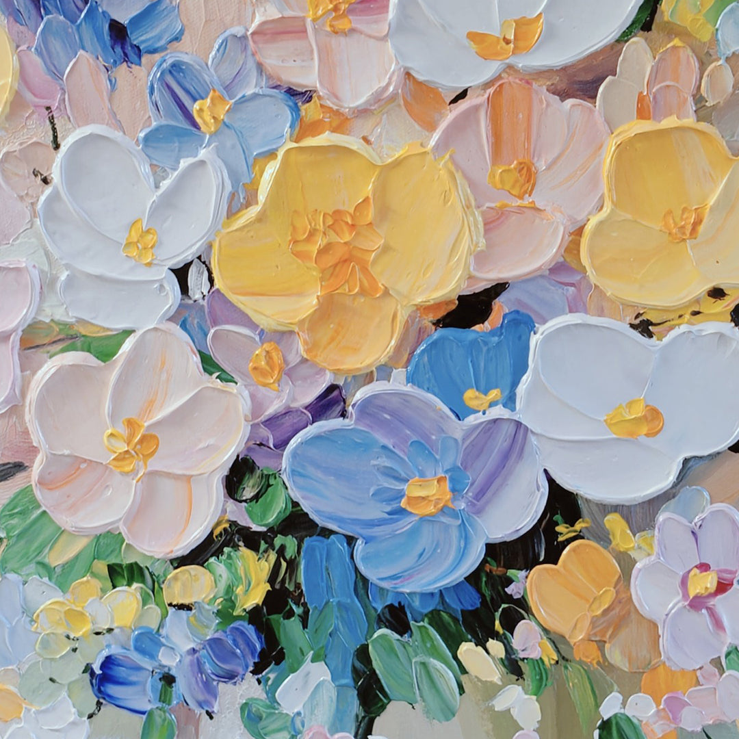 Close view of Aurelia yellow, white and blue impasto flowers