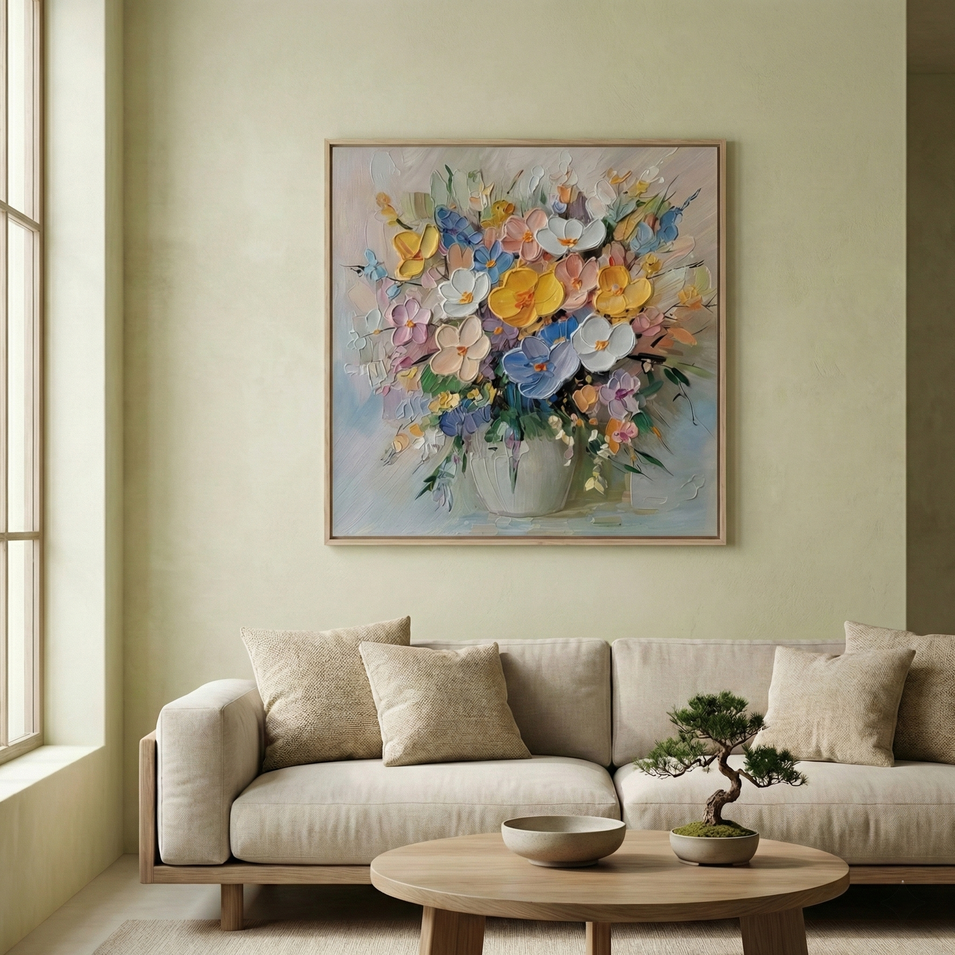Aurelia Impasto Bloom pastel floral art in a soft green living room