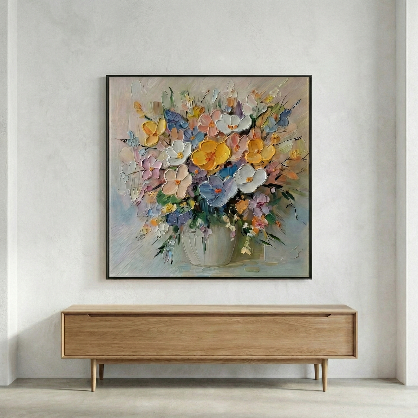 Aurelia Impasto Bloom floral wall art above a light wood entryway cabinet