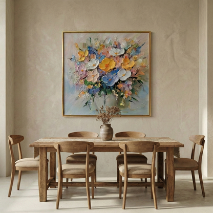 Aurelia Impasto Bloom square textured flower art in a neutral dining room