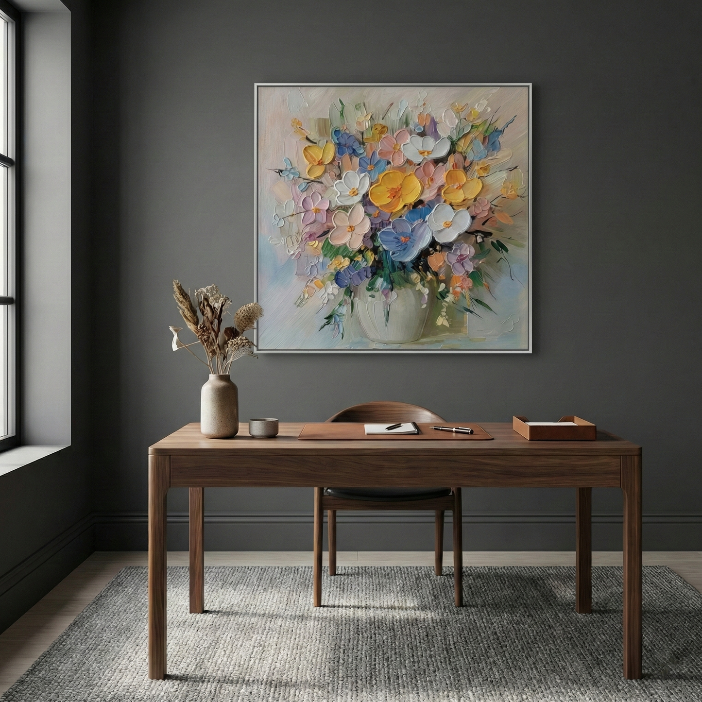 Aurelia Impasto Bloom colorful floral wall art in a charcoal home office