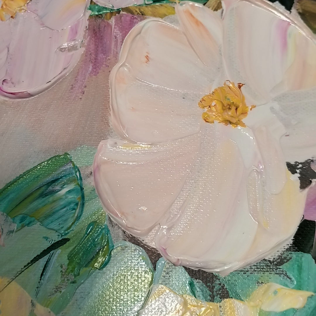 Detail of Aurelia blush flower and green painted leaves